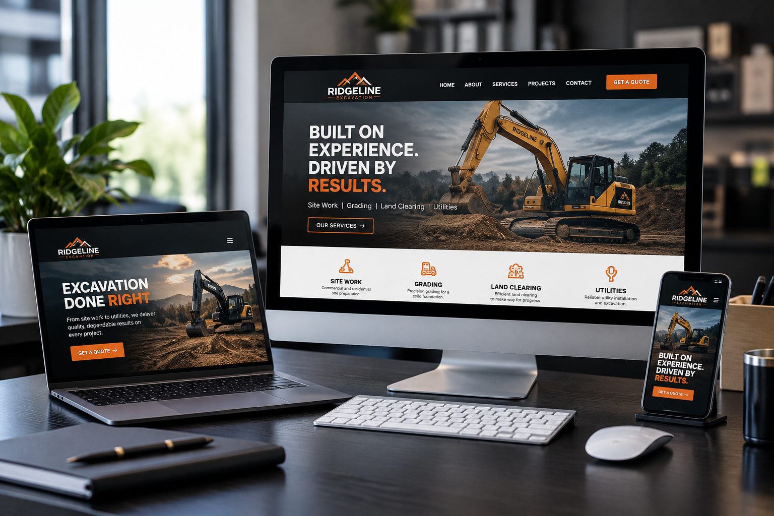Construction company website shown on desktop, laptop and phone, web services by 400 Ink in Dawsonville GA