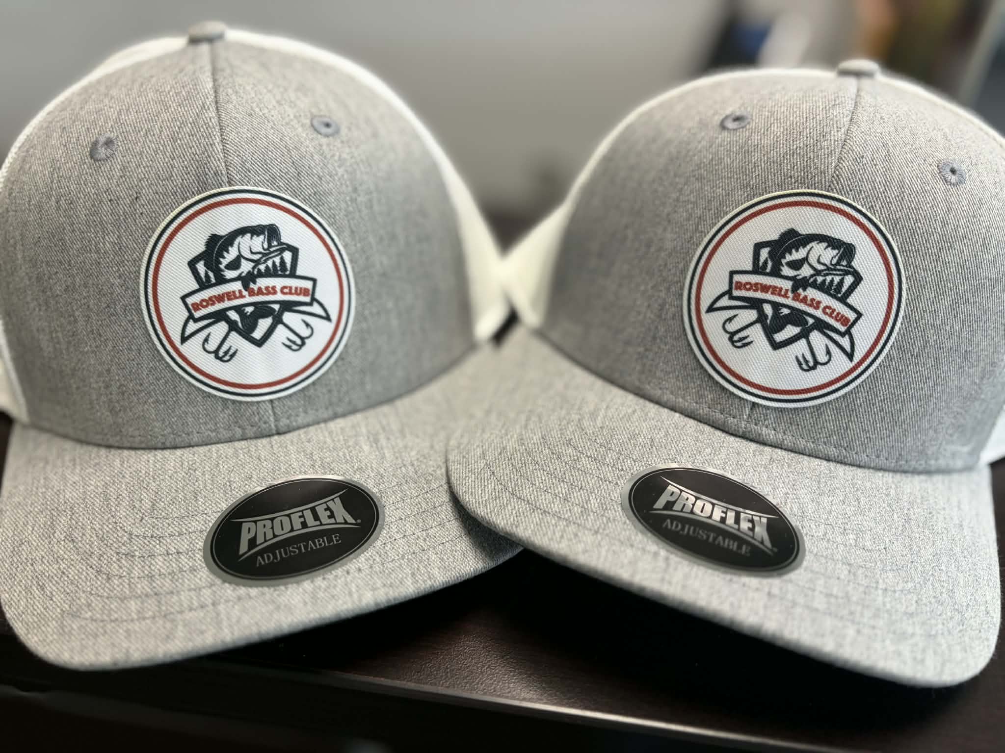 Heather gray hats with round full color printed patches by 400 Ink in Dawsonville GA