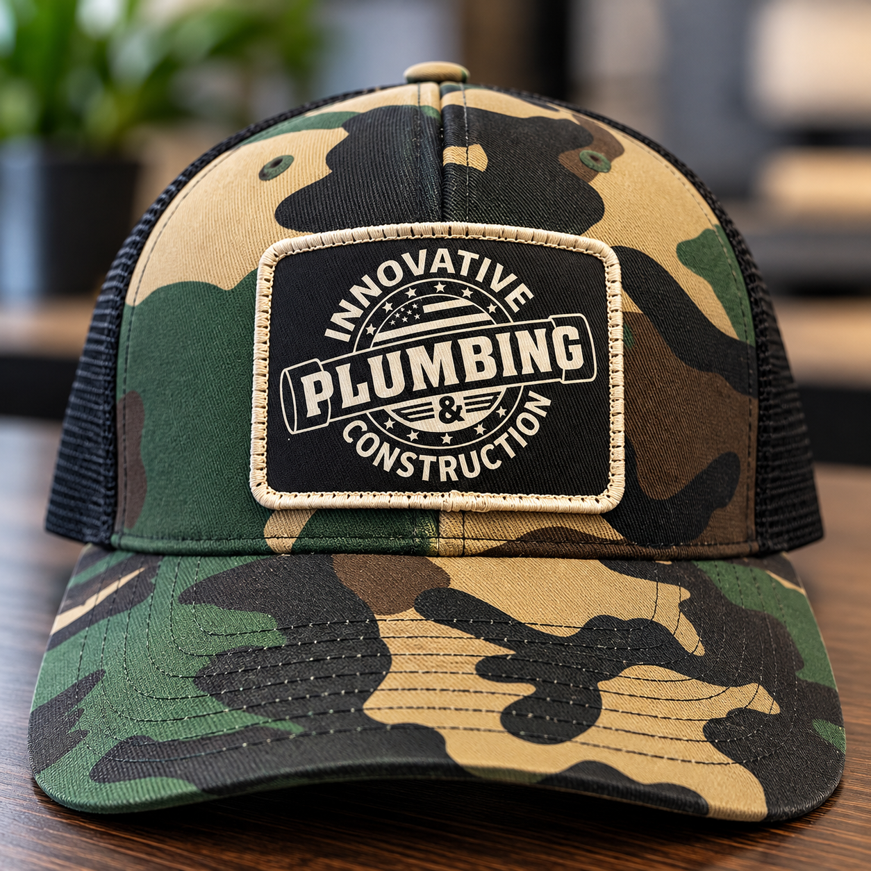 Camo trucker hat with an Innovative Plumbing & Construction print stitch patch by 400 Ink in Dawsonville GA