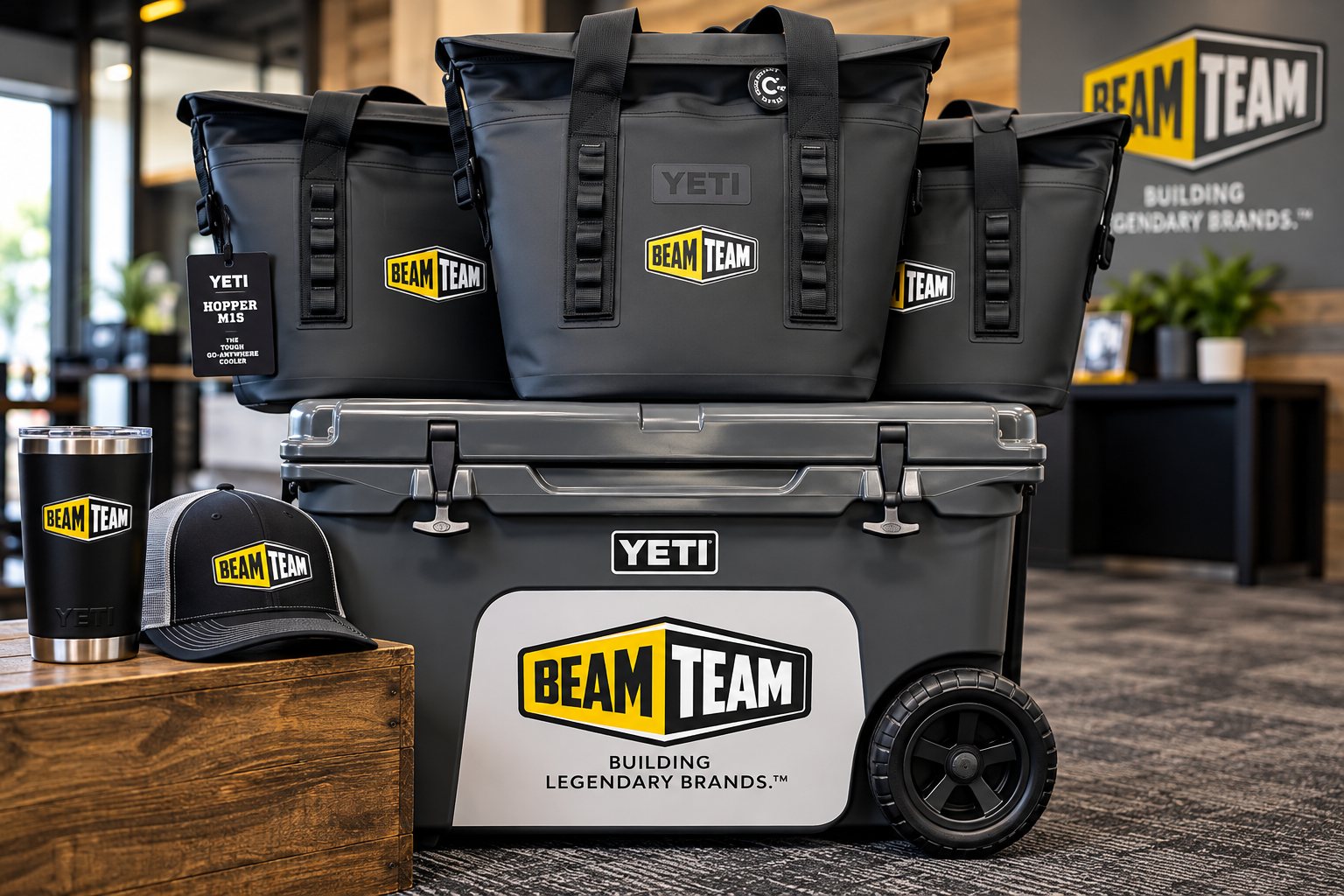 Beam Team branded YETI cooler, bags, tumbler and hat from 400 Ink in Dawsonville GA