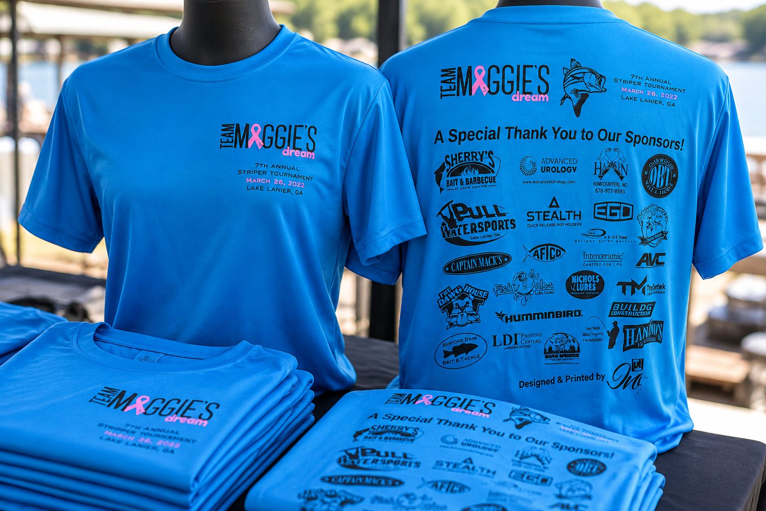 Blue Team Maggie’s Dream event t-shirts with sponsor logos screen printed by 400 Ink in Dawsonville GA