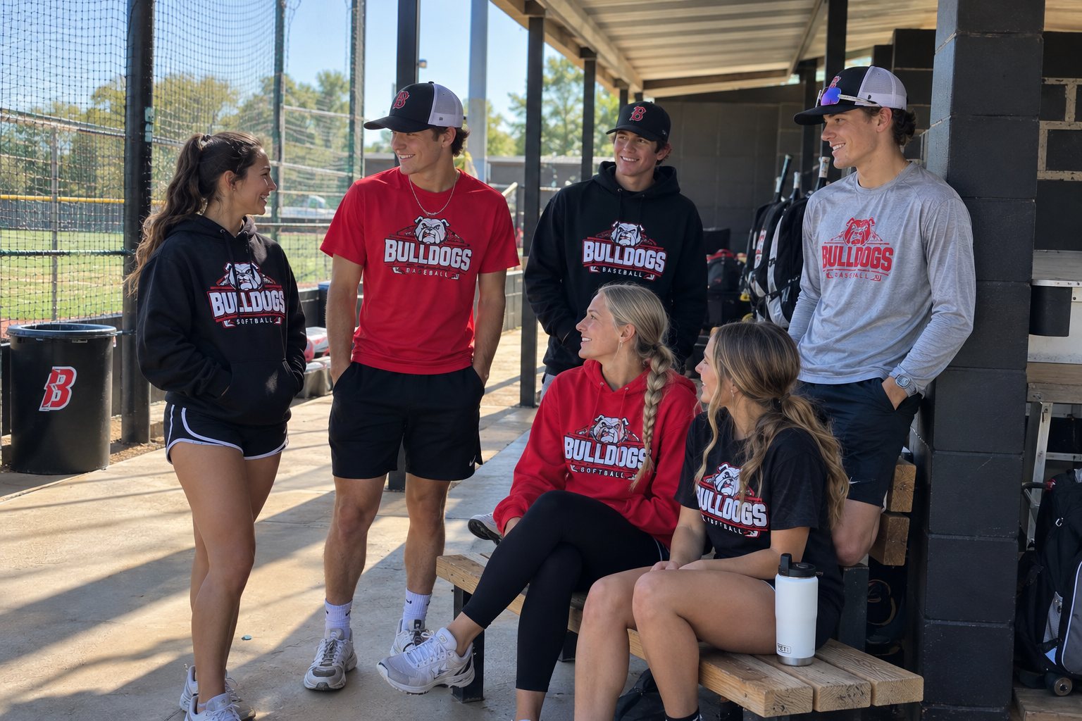 Students wearing red and black Bulldogs team apparel screen printed by 400 Ink in Dawsonville GA